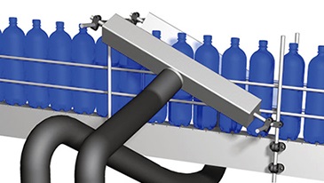 Close up of diagram of bottle line with air knife and hose air drying bottles